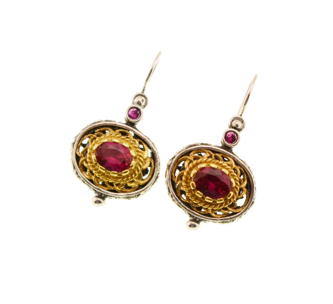 Traditional Silver Earrings With Gold Plated Details and Garnets