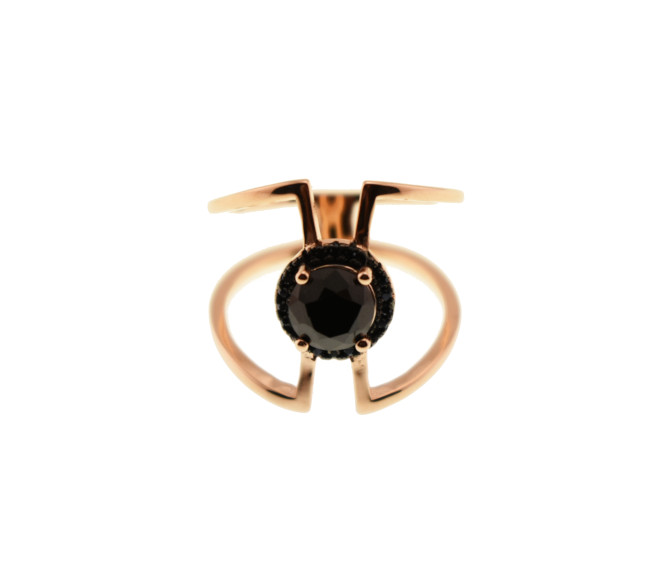 Pink Gold Plated Silver Ring With Black Zircons