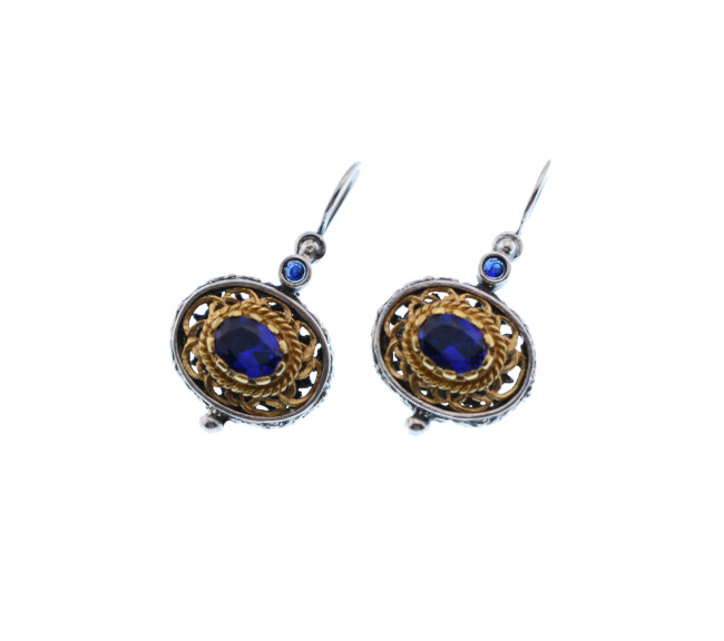 Traditional Silver Earrings With Gold Plated Details and Blue Zircons